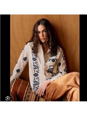 Sezane x Lucia Vergara Tomboy Shirt Ecru with Violeta Embroidery size 6 NWT NEW